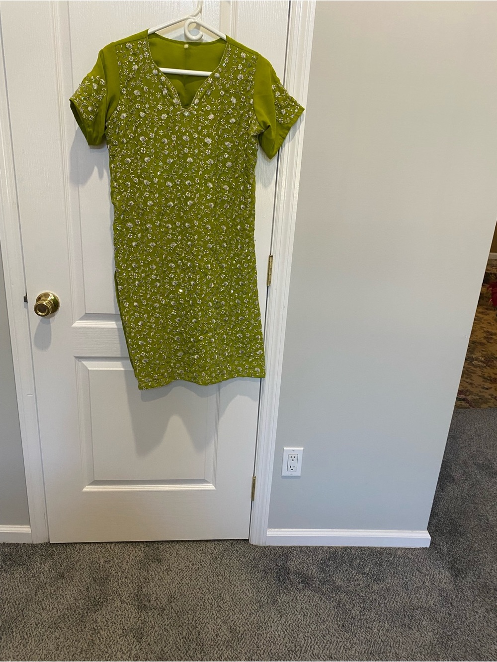 Embellished Olive Green Short-Sleeve Mini Dress